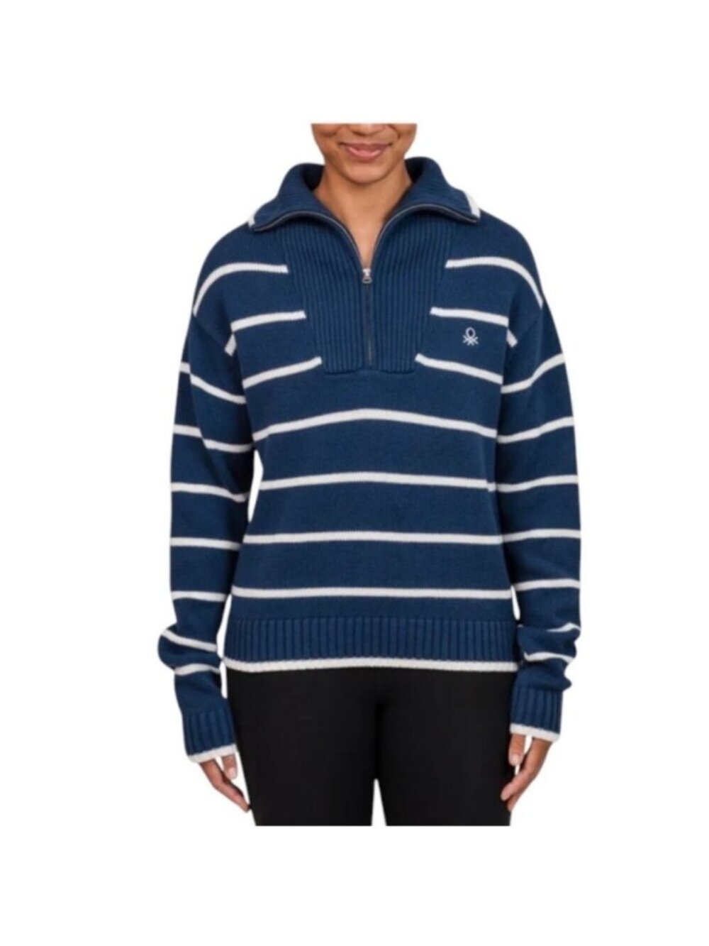 United Colors of Benetton Navy Stripe Fisherman Nautical 1/4 Zip Cotton Sweater